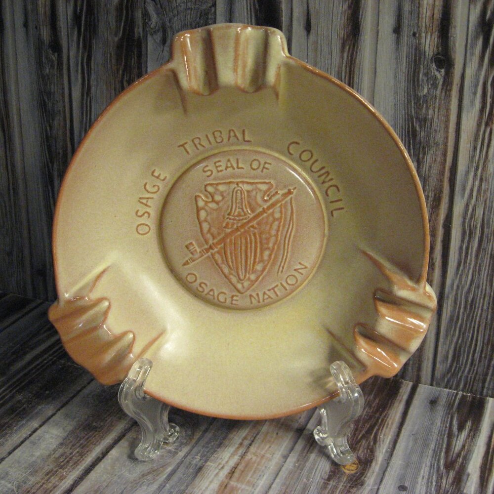FRANKOMA OSAGE TRIBAL COUNCIL SEAL OF OSAGE NATION PLAINSMAN GOLD ASHTRAY